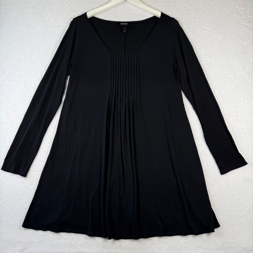 Eileen‎ Fisher Womens Black 100% Silk Pintuck Pleated V-Neck Tunic Top Dress M